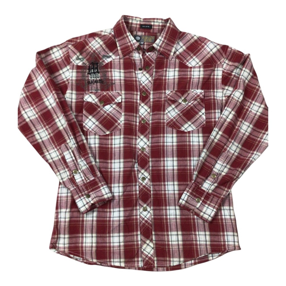 Lamasini Men's Red Plaid Snap Button Up Shirt Medium Embroidered